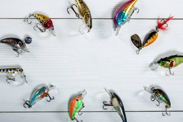 istock Fishing accessories on a wooden background. 699816838