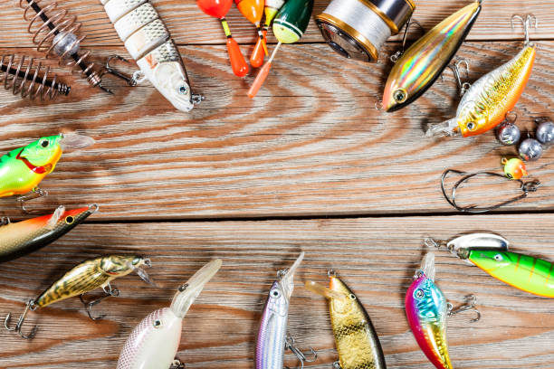 istock Fishing accessories on a wooden background. 699817142