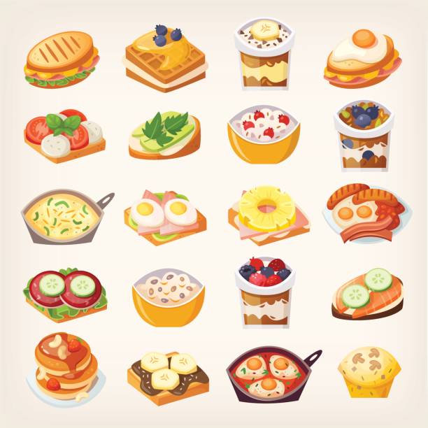 illustrations, cliparts, dessins animés et icônes de ensemble de vaisselle de petit déjeuner - waffle sausage breakfast food