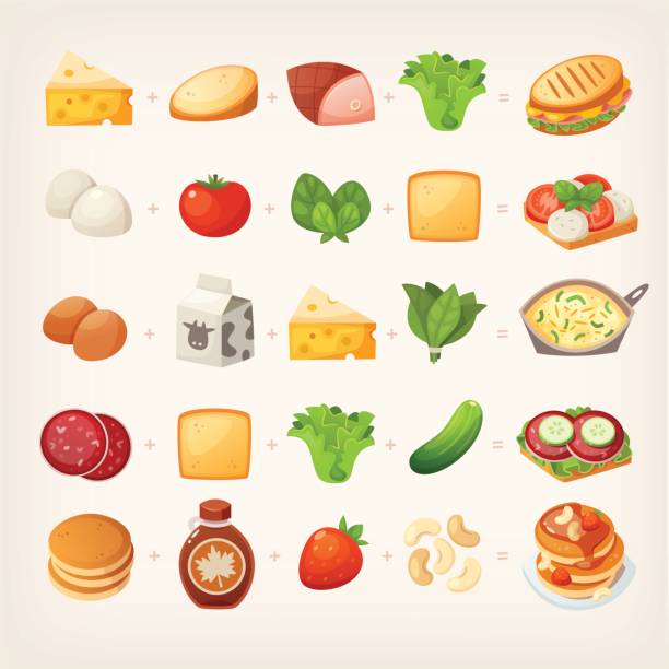Healthy breakfast mix_2 Set of colorful products and ingredients for making healthy tasty family breakfast dishes. Plus ready to eat dishes from different countries. Isolated vector images. omelette on the plate stock illustrations