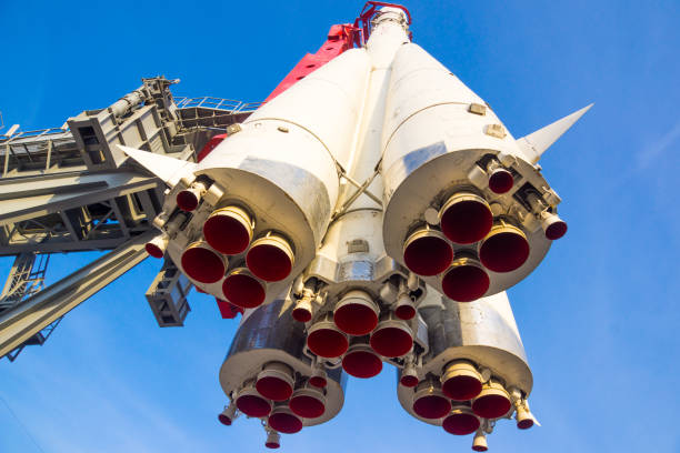Moscow, Russia, Exhibition Center, October 2, 2014 - The monument to the first rocket at VDNKh is Vostok rocket with a launcher.