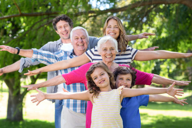 istock Smiling family standing with arms stretched out 699827874