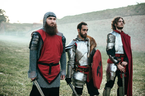 istock Medieval warriors and knights standing in line protecting castle 699831716