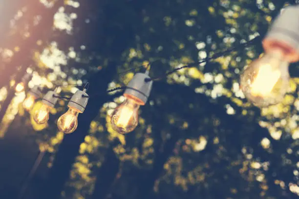 Photo of hanging decorative string lights for outdoor party