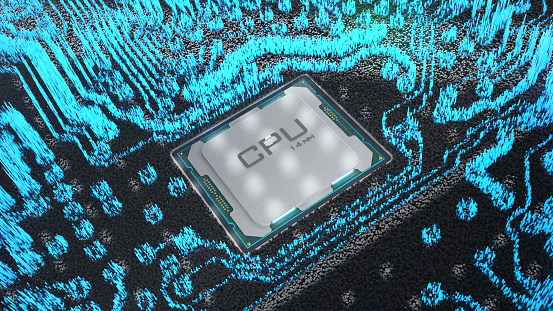 Next gen Ai assisted CPU with motherboard. 3D generated image.