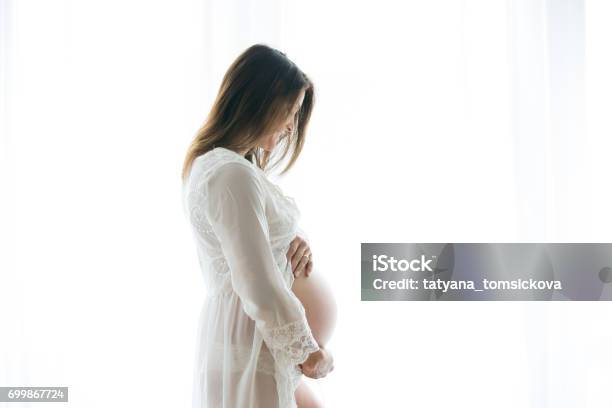 Portrait Of Young Pregnant Attractive Woman Standing By The Window Stock Photo - Download Image Now