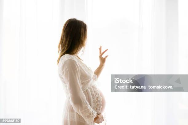 Portrait Of Young Pregnant Attractive Woman Standing By The Window Stock Photo - Download Image Now