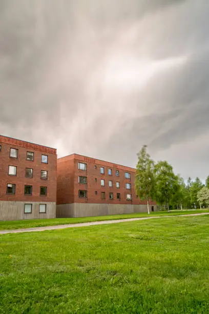 Student Apartments with a cloudy sky.