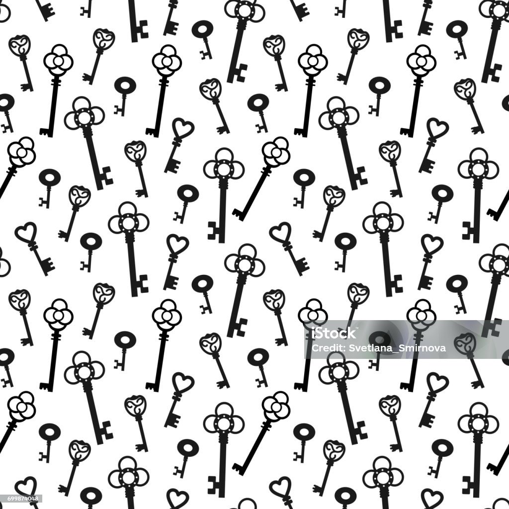 Vintage keys on  white background Vintage keys on  white background.  Seamless pattern silhouette. Vector illustration. Alice in Wonderland - Fictional Character stock vector