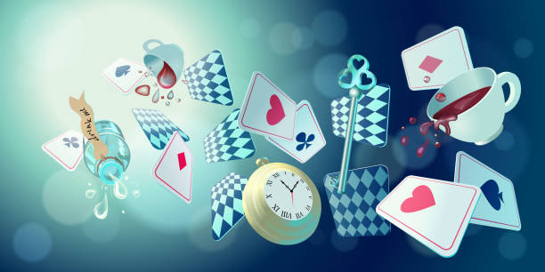 Wonderland background Alice in Wonderland. Playing cards, pocket watch, key, cup and poison falling down the rabbit hole. Vector background, horizontal banner alice in wonderland stock illustrations