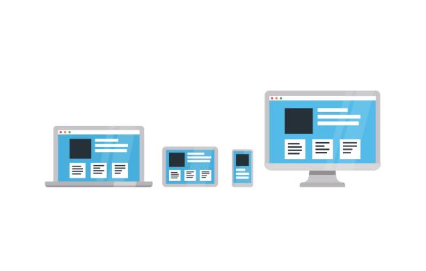 ilustrações, clipart, desenhos animados e ícones de design de web responsivo em diferentes dispositivos. ilustração em vetor plana. - business computer monitor paper digital tablet