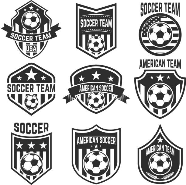 ilustrações, clipart, desenhos animados e ícones de conjunto de rótulos de time de futebol americano. emblemas com bolas de futebol. ilustração vetorial - symbol computer icon education icon set