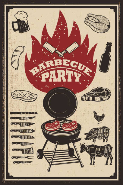 バーベキュー パーティーのチラシ テンプレート。グリル、火災、焼肉、ビール、肉屋ツール。レストランのメニュー、ポスターのデザイン要素です。ベクトル図 - barbecue grill chef barbecue sausage点のイラスト素材／クリップアート素材／マンガ素材／アイコン素材