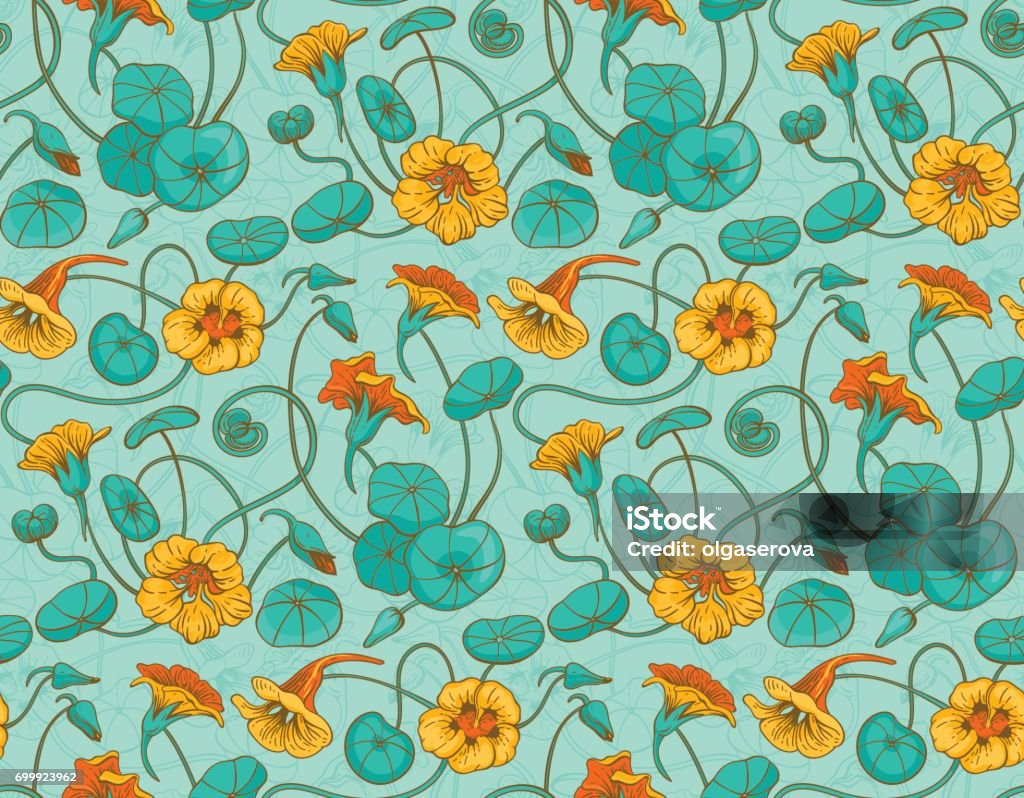 Seamless vector pattern with red and yellow nasturtium flowers and leaves on turquoise background Seamless pattern with red and yellow nasturtium flowers and leaves on turquoise background. Suitable for backgrounds, textile, wrapping paper. Blossom stock vector