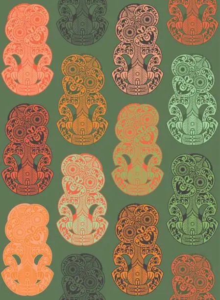 Vector illustration of Hei-Tikis in Orange and Jadeite Green (Seamless Pattern)