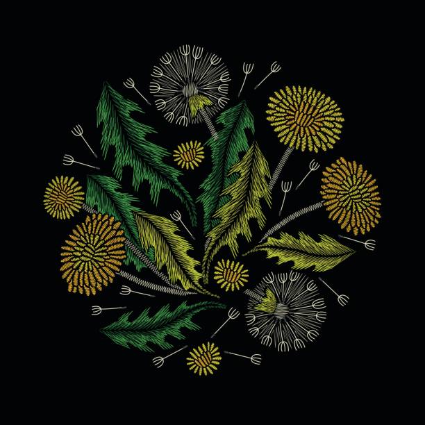 stickerei kreis blumenmuster mit löwenzahn auf schwarzem hintergrund - pusteblume freigestellt stock-grafiken, -clipart, -cartoons und -symbole