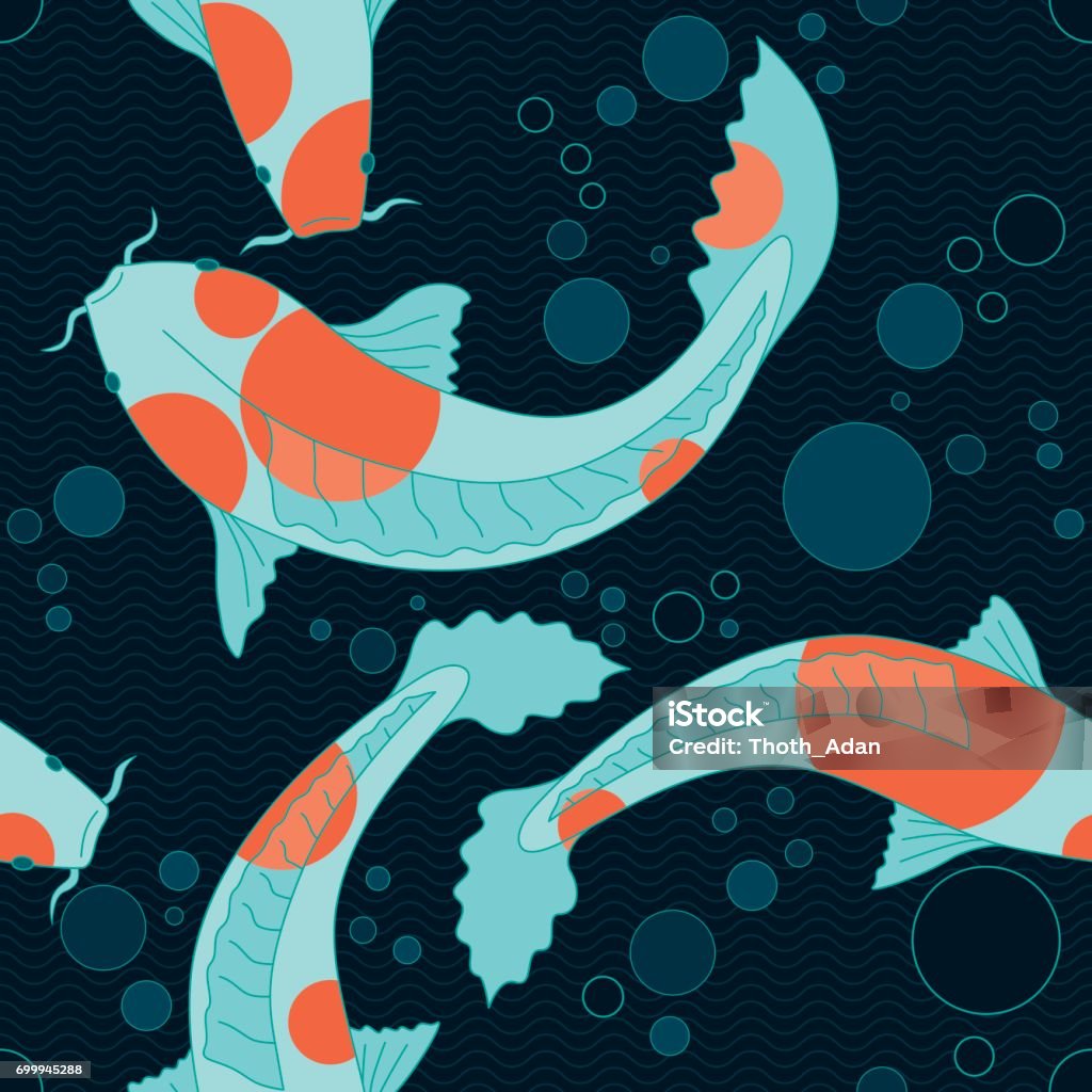 Koi Carps in a Black Pond (Seamless Pattern) Seamless Pattern with red dotted koi carps swimming in a black pond with dark blue water bubbles and thin waves in the background. In Feng Shui, koi fish are believed to spread wealth and prosperity. Japanese Culture stock vector