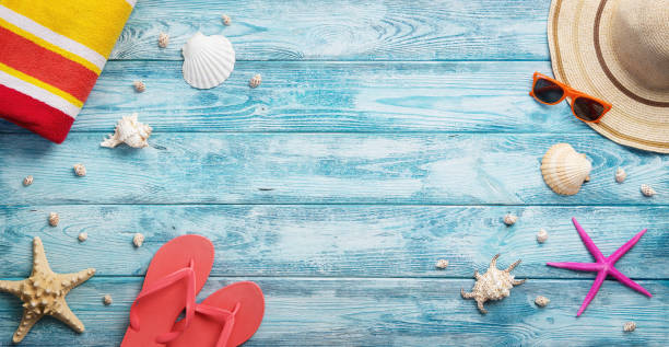 Panoramic summer background High angle view of summer, vacation, beach accessories on blue wooden background with copy space crustacean photos stock pictures, royalty-free photos & images
