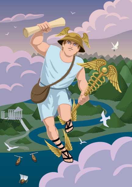 Hermes Greek god Hermes carrying message to Zeus. cartoon of caduceus medical symbol stock illustrations
