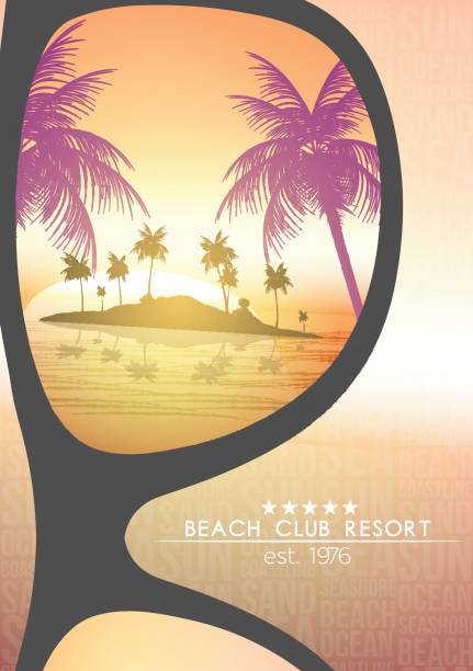 Summer Beach Resort Tropical Island with Sunglasses on Blurred Background - Vector Illustration vector art illustration