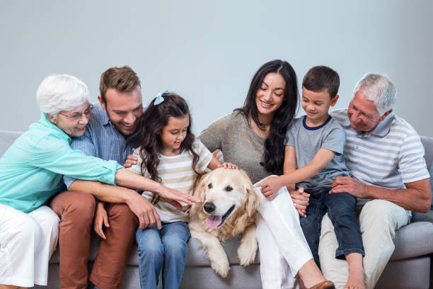 istock Family sitting on sofa with dog 700072614