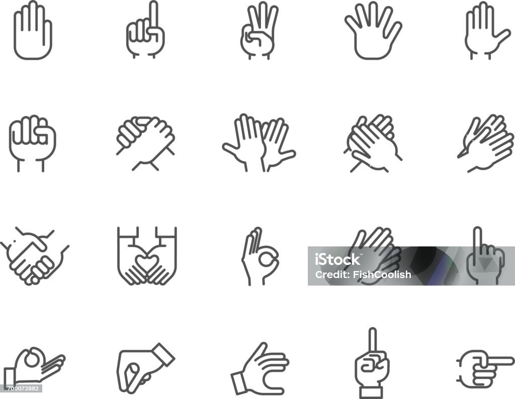 Stora linje Ikonuppsättning av mänskliga händer med olika tecken. 20 mono linjär webb grafisk piktogram - Royaltyfri Hand vektorgrafik