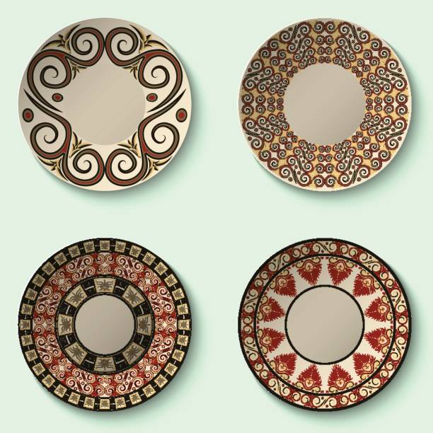 sammlung von dekorativen keramisches geschirr mit antiken ornamenten. - tellerlift stock-grafiken, -clipart, -cartoons und -symbole