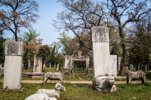 Stelae and sculptures of ritualistic animals, Cemetery of Confucius (Kong Lin), Qufu, Shandong province, the hometown of Confucius, China