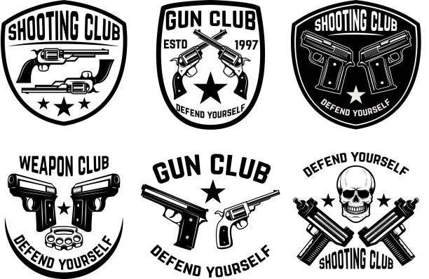 illustrations, cliparts, dessins animés et icônes de ensemble de club de l’arme, emblèmes de shop gun. étiquettes avec les armes de poing. illustration vectorielle - gun rounds