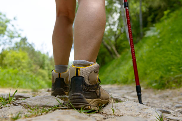 istock Traveler legs, woman is walking on the path 700085098