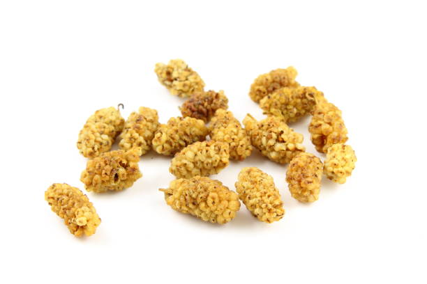 Dried white mulberries on white background