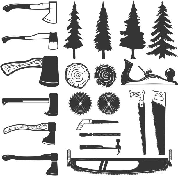 set von tischler-werkzeuge, holz und bäume-icons. design-elemente für label, wahrzeichen, zeichen. vektor-illustration - electric saw illustrations stock-grafiken, -clipart, -cartoons und -symbole