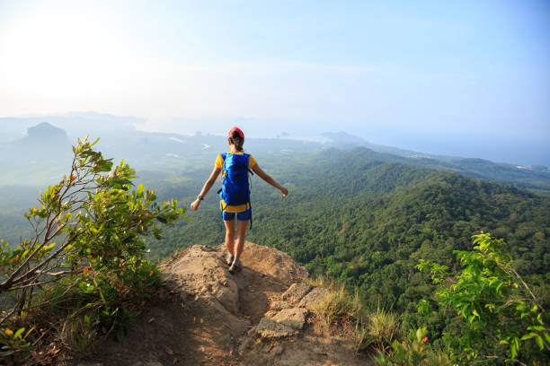 istock successful woman hiker hiking on mountain peak 700141874