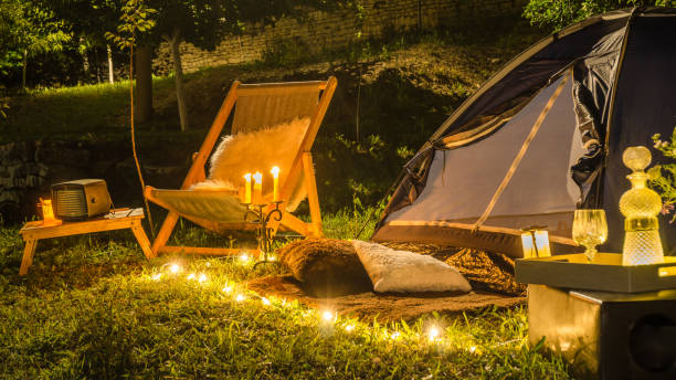 istock Romantic evening with a tent at night in the yard. 700144562
