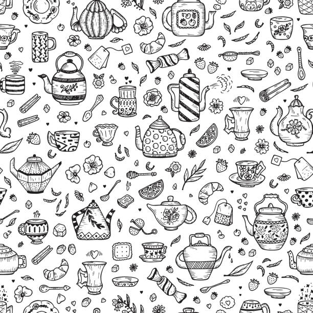 illustrazioni stock, clip art, cartoni animati e icone di tendenza di tea time vector modello seamless. cibo a stoviglie e dolci. doodle disegnato a mano diverse teiere, tazze da caffè o tazze da tè e additivi per bere il tè - 5551