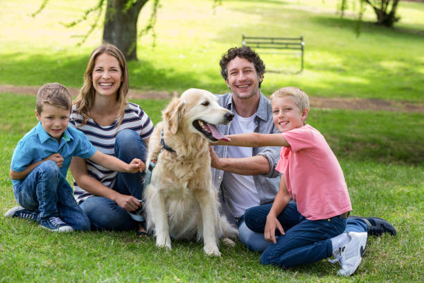 istock Family with dog in the park 700184876