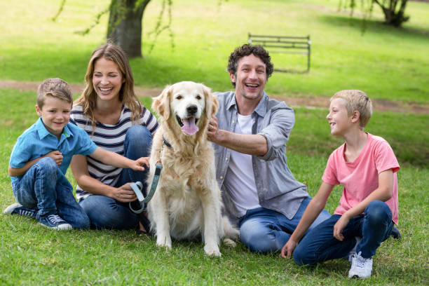 istock Family with dog in the park 700184908