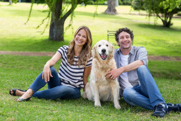 istock Couple with their dog in the park 700185102