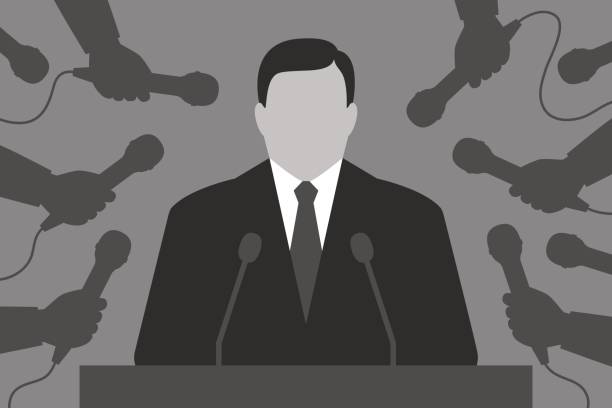 Speaker and reporters. Interview for the media Person is behind tribune. Hands with microphones are around. Speaker and reporters. Interview for the media question mark people one person silhouette stock illustrations