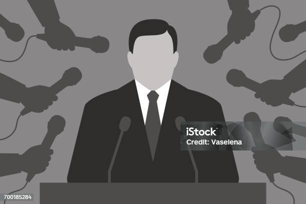 Speaker And Reporters Interview For The Media Stock Illustration - Download Image Now - Press Conference, Press Room, In Silhouette