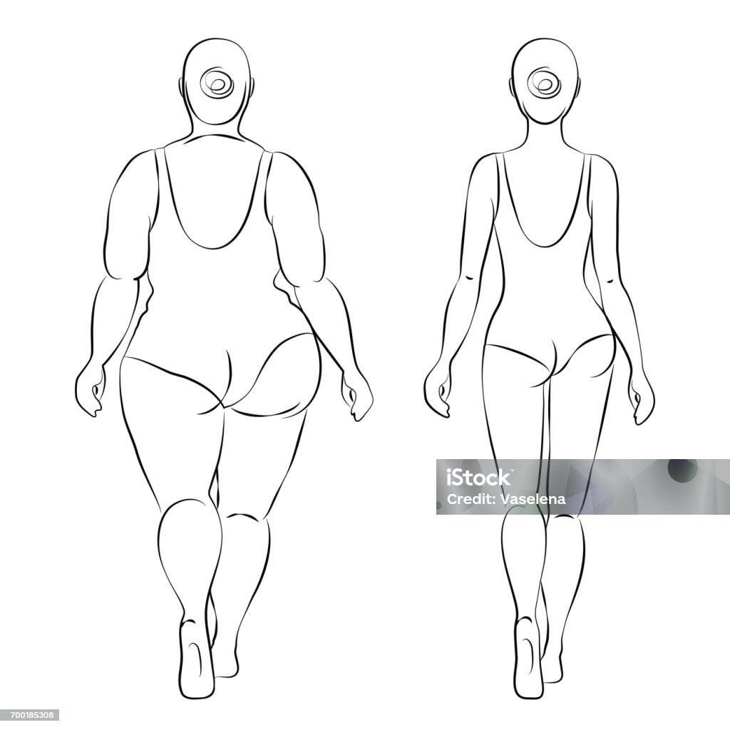 Fat woman and slender woman. Outline drawing Fat woman and slender woman dressed in swimsuits. Back view. Outline drawing. Overweight and slenderness. Healthy and unhealthy lifestyle Women stock vector