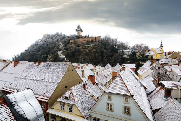 클록 타워와 눈 덮인 지붕 그라츠 겨울 장면 - graz clock tower clock austria 뉴스 사진 이미지