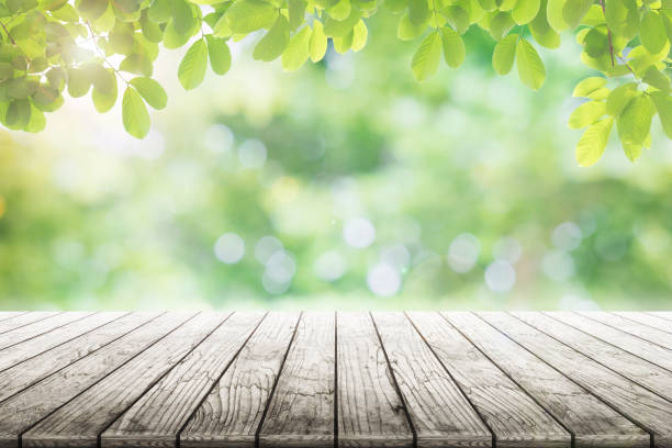 istock Empty wooden table with party in garden background blurred. 700211966