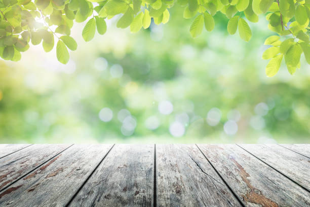 istock Empty wooden table with party in garden background blurred. 700212308