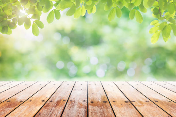 istock Empty wooden table with party in garden background blurred. 700212484