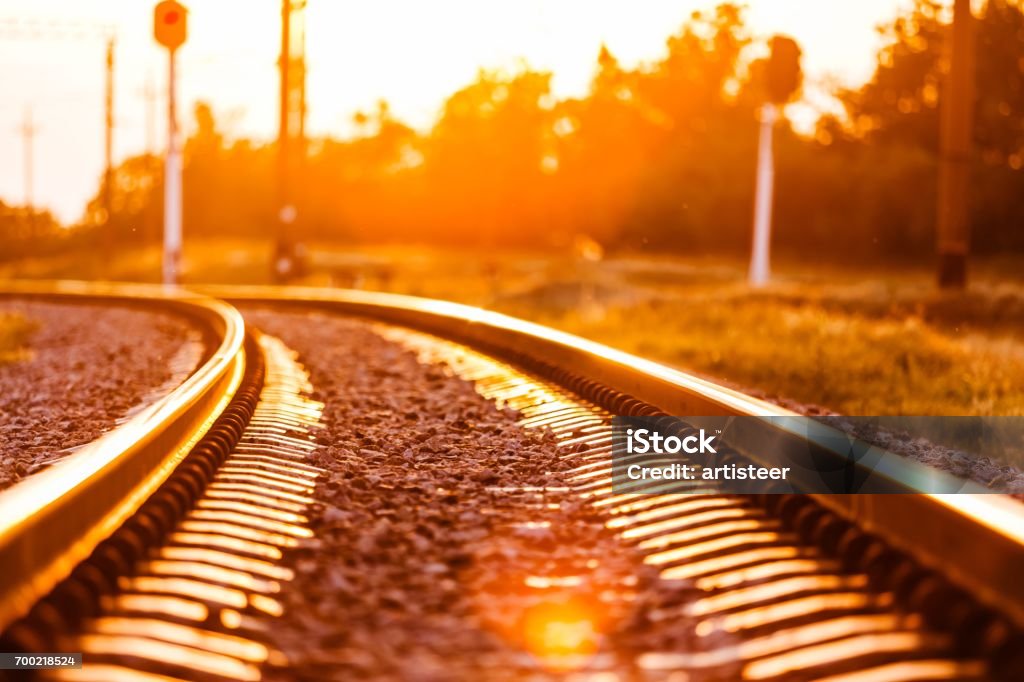 Train. Close up perspective view of train tracks Horizontal Stock Photo