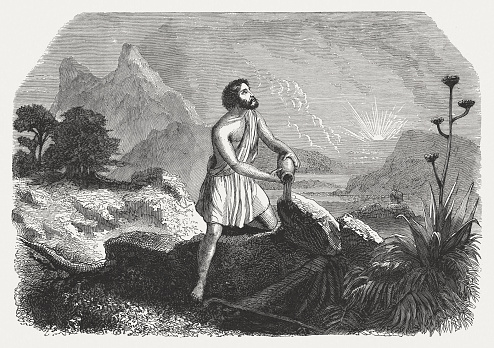 Jacob pouring oil on the stone (Genesis 28, 18). Wood engraving, published in 1886.