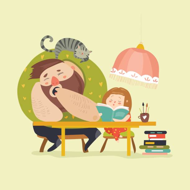 Girl with Dad doing homework Girl with Dad doing homework. Vector illustration. bored children stock illustrations