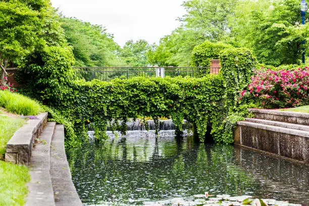 Photo of Carroll Creek in Frederick, Maryland city park with canal and flowers on bridge in summer