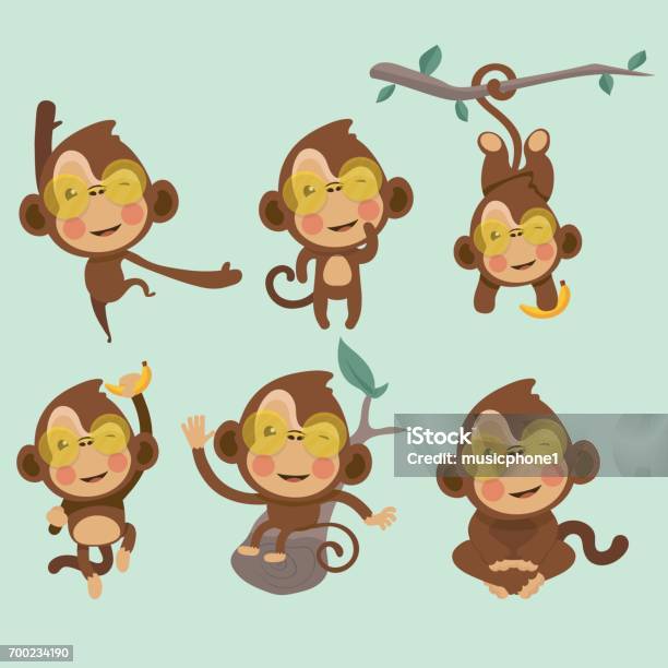 Set Di Scimmie Carine E Divertenti - Immagini vettoriali stock e altre immagini di Scimmia - Scimmia, Scimmia antropomorfa, Carino